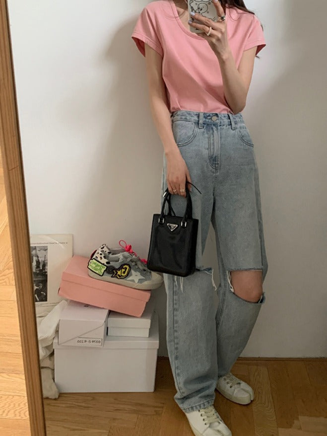 浅蓝色高腰破洞牛仔裤Ripped Straight Cut Jean