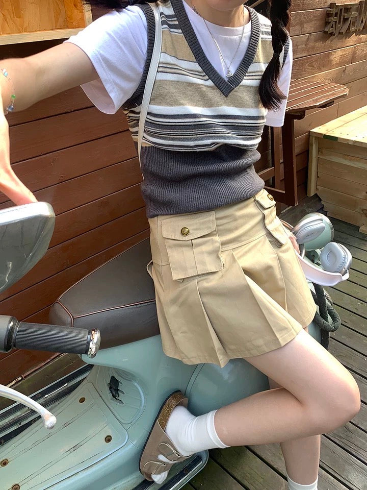 美式美少女条纹背心Vintage Strip V Neck Vest
