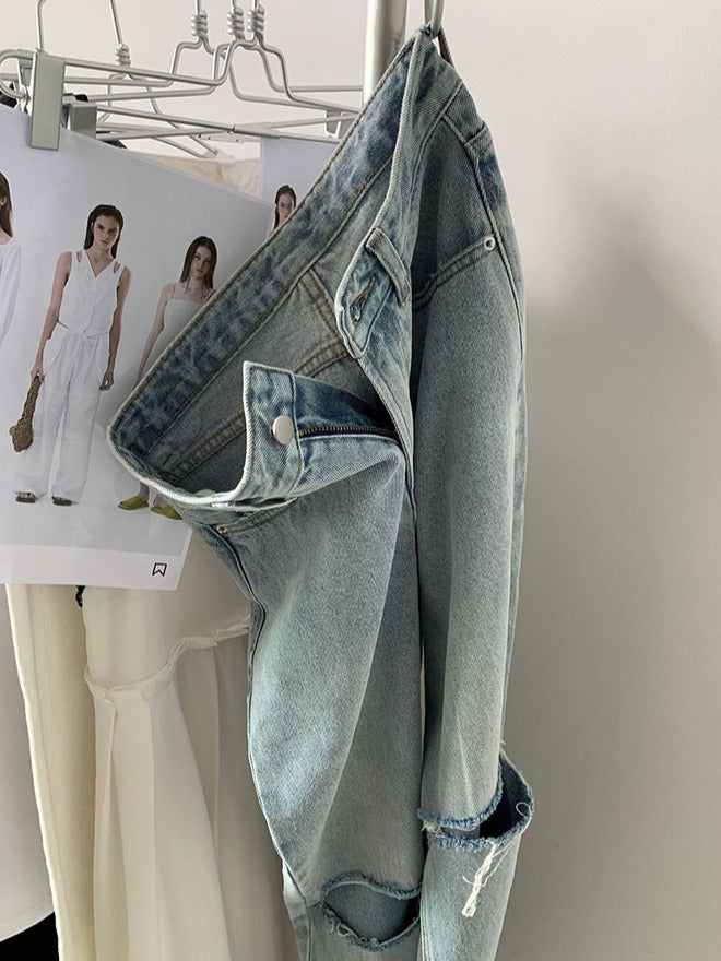 浅蓝色高腰破洞牛仔裤Ripped Straight Cut Jean