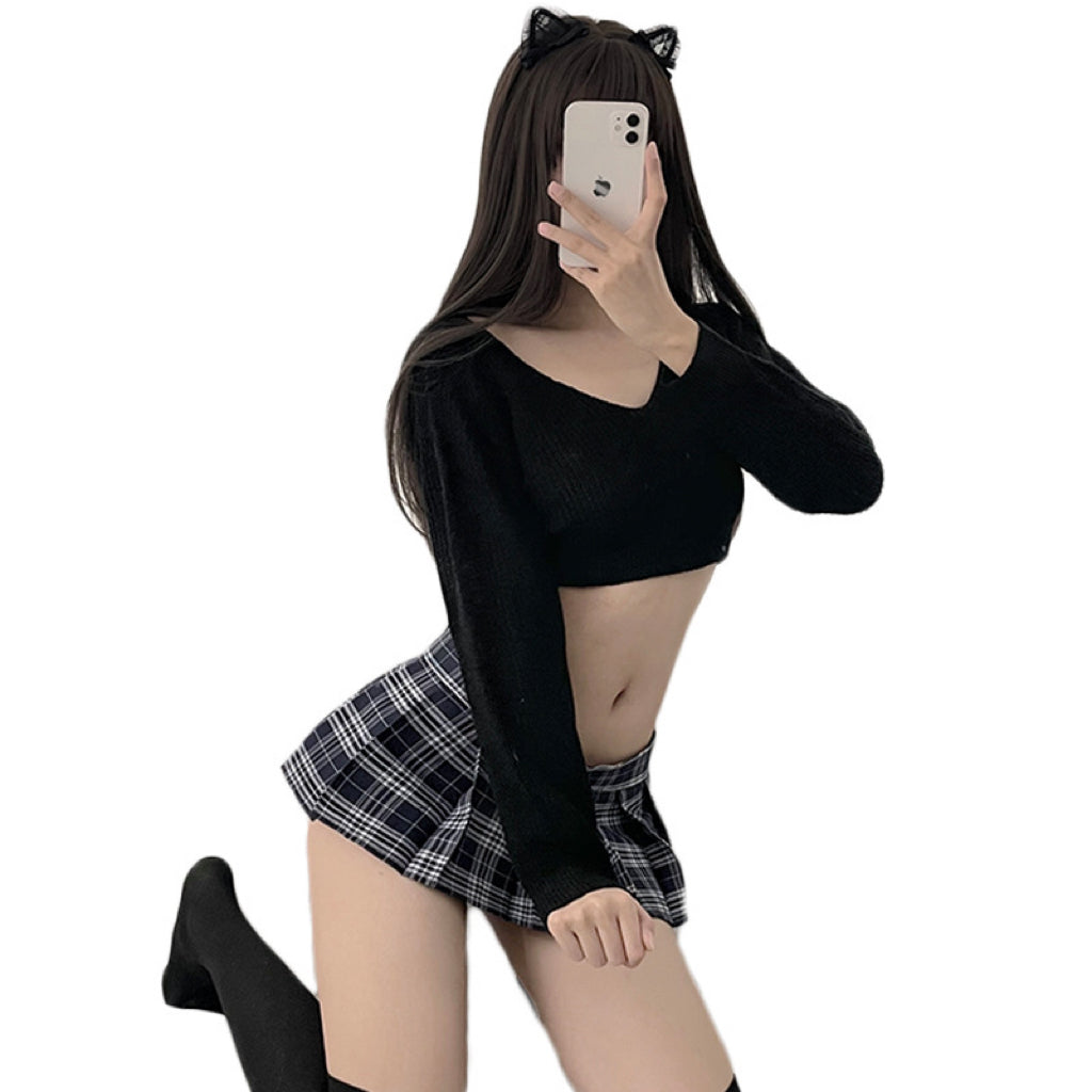 性感校园透视毛衣格子裙Knit Top and Mini Skirt