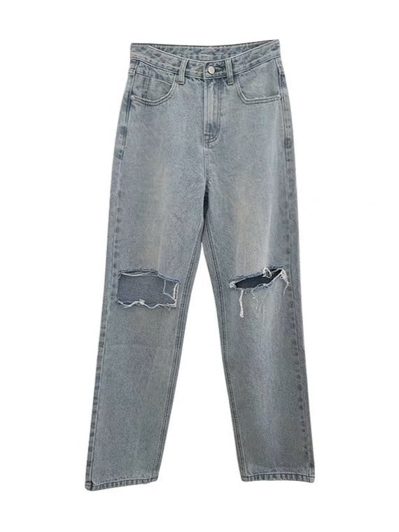 浅蓝色高腰破洞牛仔裤Ripped Straight Cut Jean