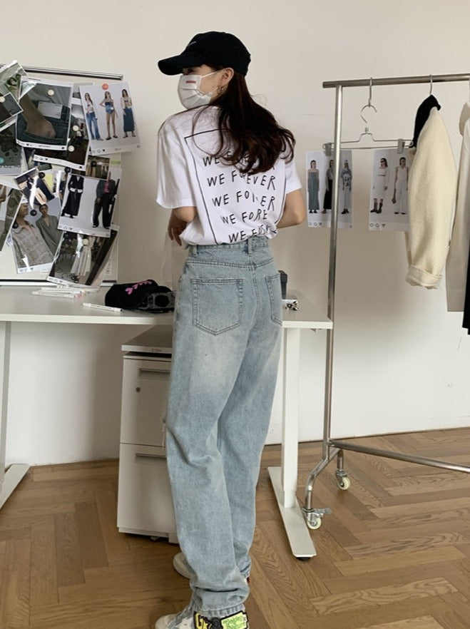 浅蓝色高腰破洞牛仔裤Ripped Straight Cut Jean
