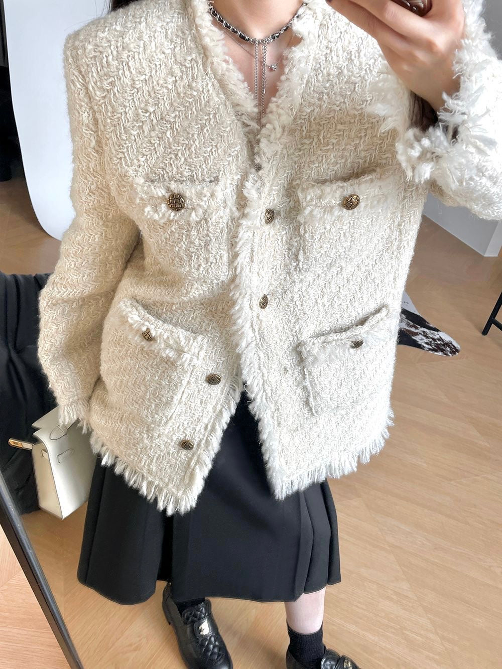 【奶油欧尼】加厚小香外套White Textured Wool Coat