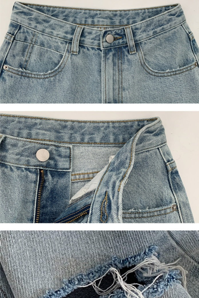 浅蓝色高腰破洞牛仔裤Ripped Straight Cut Jean