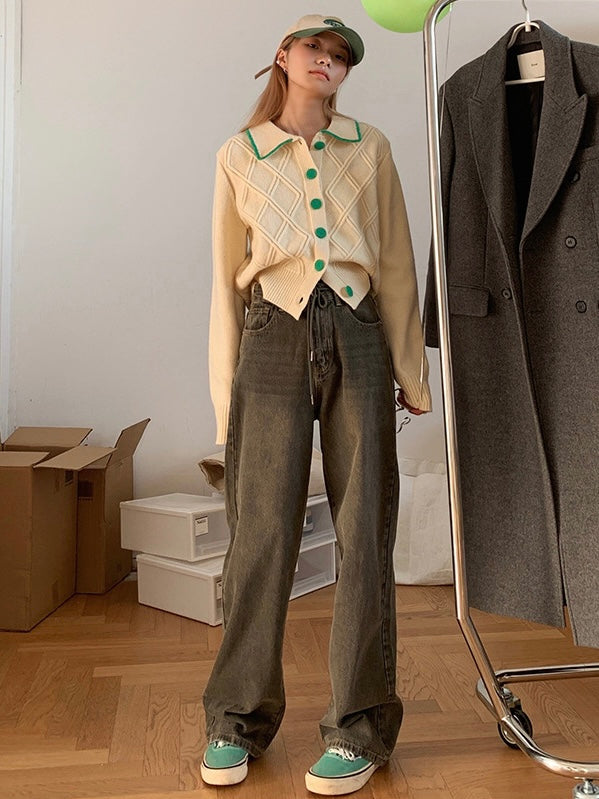 复古做旧抽绳牛仔裤Drawstring High Waist Jean