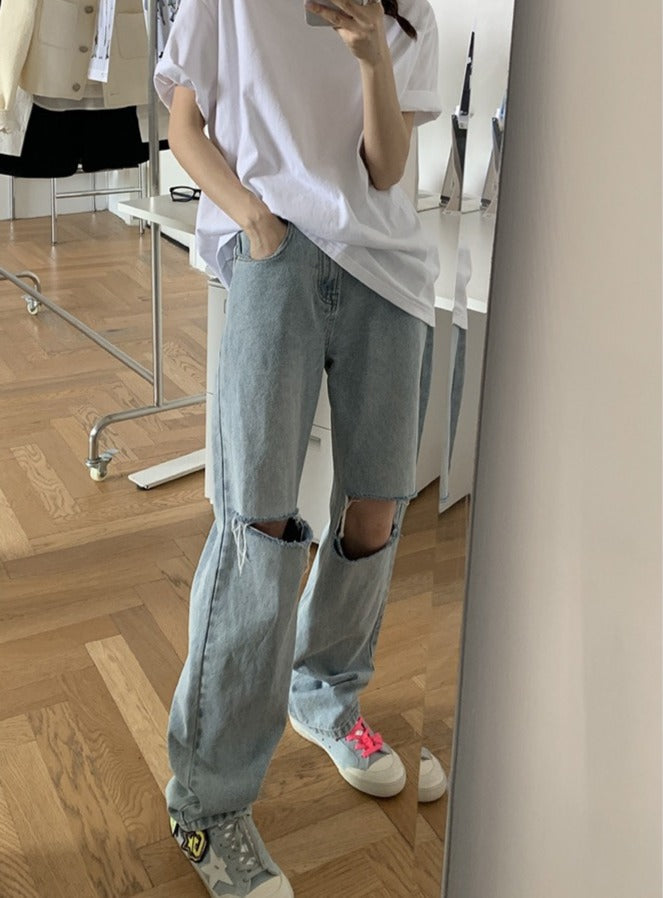 浅蓝色高腰破洞牛仔裤Ripped Straight Cut Jean