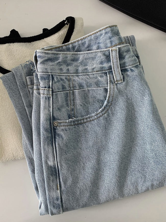 浅蓝色高腰破洞牛仔裤Ripped Straight Cut Jean