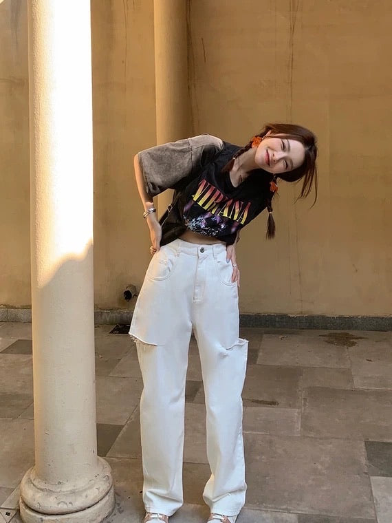 马吉拉风侧边开叉牛仔裤White High Rise Straight Cut Jean with Rips