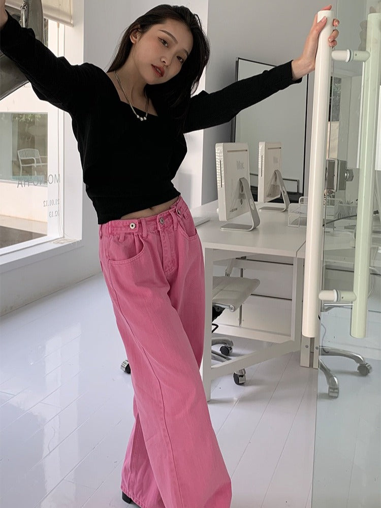 粉色阔腿牛仔裤Fuscia Pink Jean