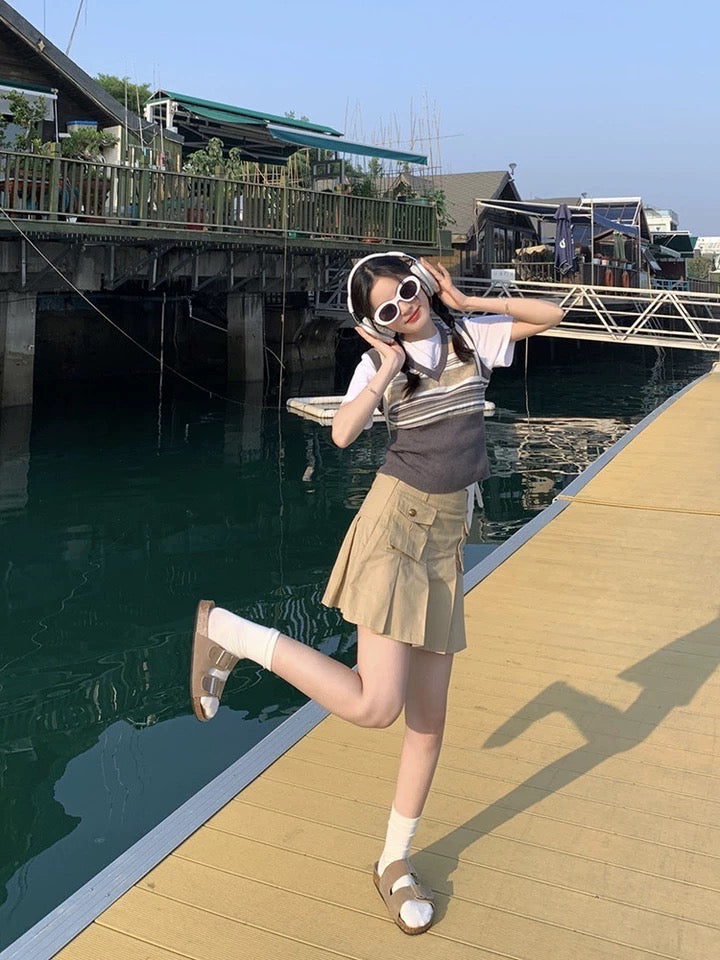 美式美少女条纹背心Vintage Strip V Neck Vest