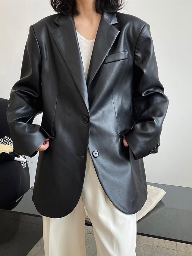黑色轮廓形皮衣Black Leather Blazer