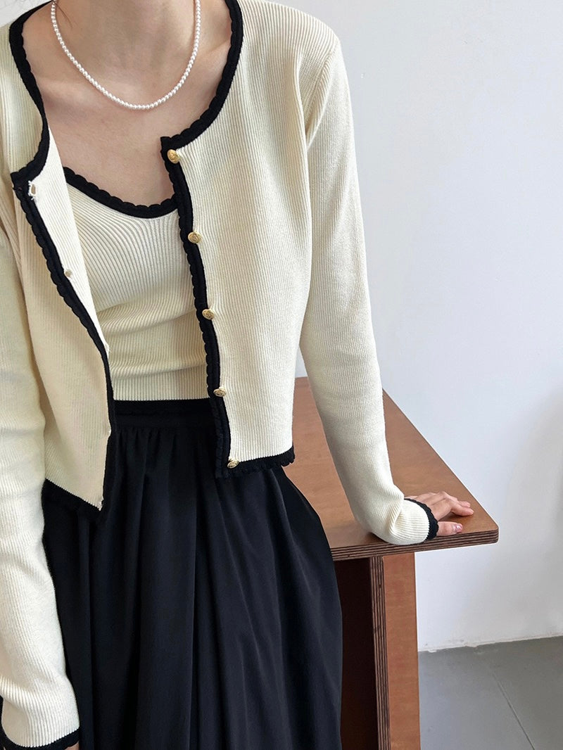 小香风开衫两件套Satin-trimmed Metallic Kint Cardigan and Suspender Top