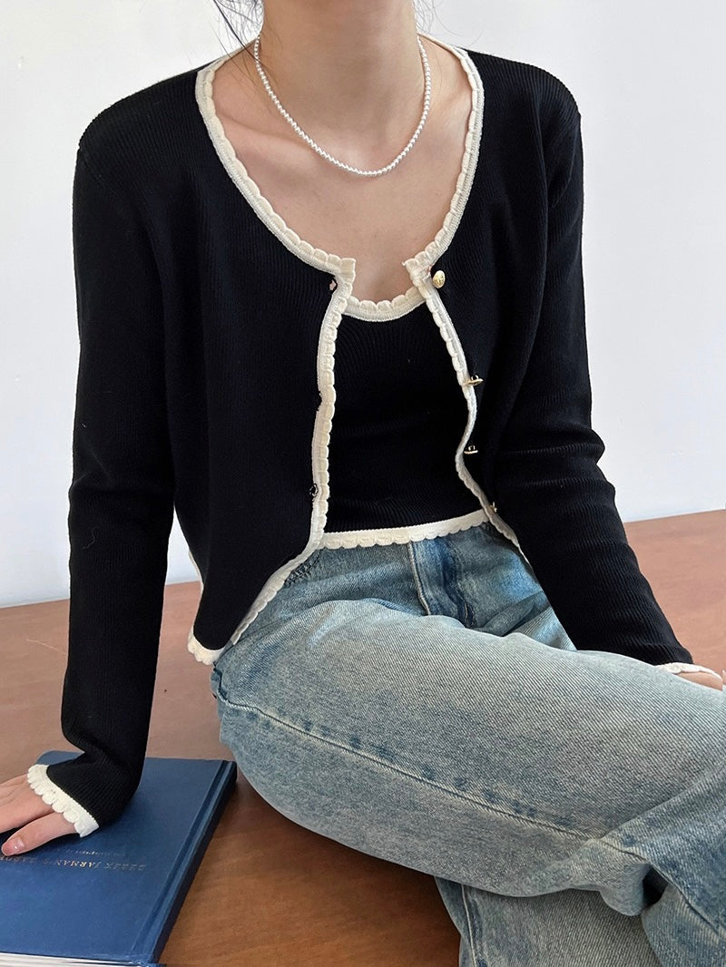 小香风开衫两件套Satin-trimmed Metallic Kint Cardigan and Suspender Top