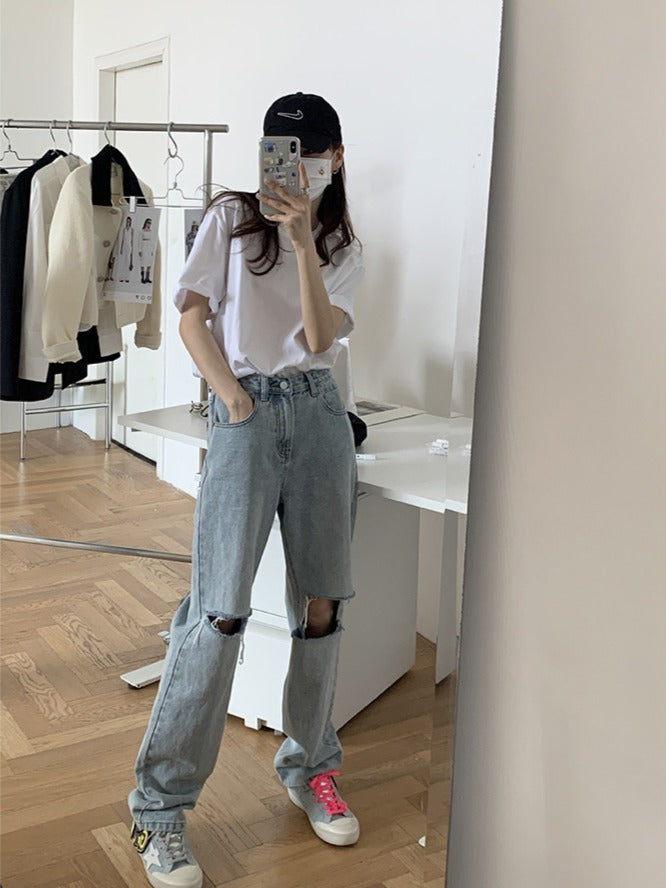 浅蓝色高腰破洞牛仔裤Ripped Straight Cut Jean
