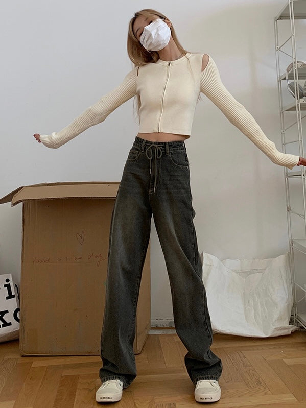复古做旧抽绳牛仔裤Drawstring High Waist Jean