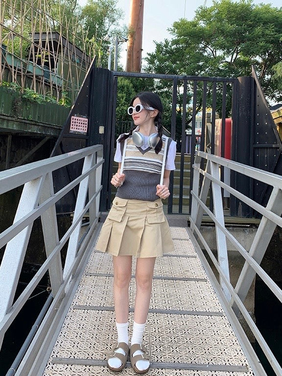 美式美少女条纹背心Vintage Strip V Neck Vest