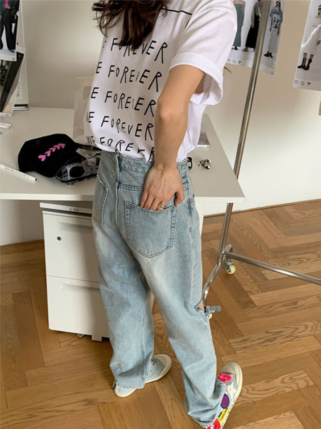 浅蓝色高腰破洞牛仔裤Ripped Straight Cut Jean