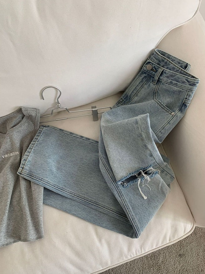 浅蓝色高腰破洞牛仔裤Ripped Straight Cut Jean