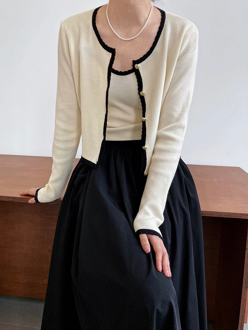 小香风开衫两件套Satin-trimmed Metallic Kint Cardigan and Suspender Top
