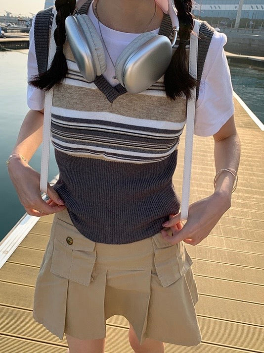 美式美少女条纹背心Vintage Strip V Neck Vest