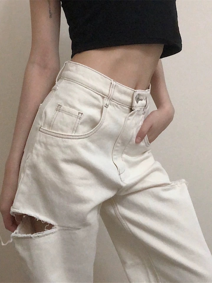 马吉拉风侧边开叉牛仔裤White High Rise Straight Cut Jean with Rips