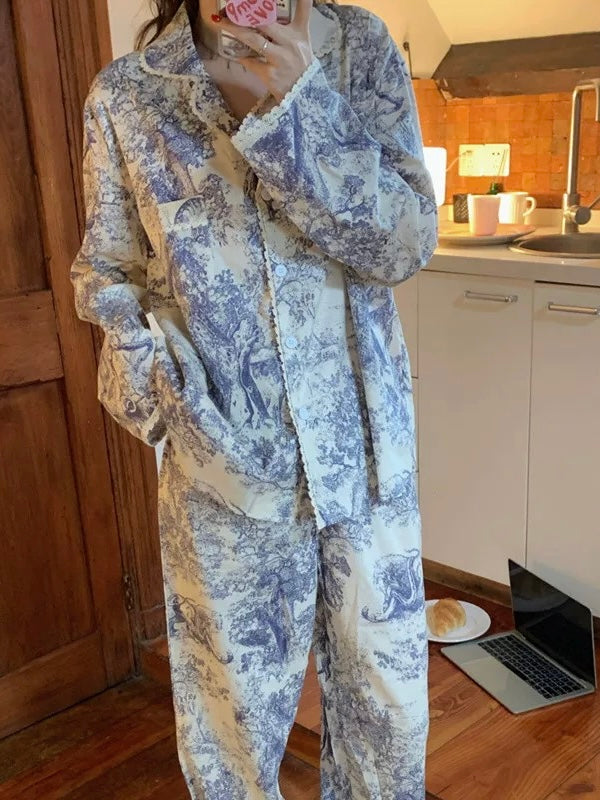 纯棉速写印花睡衣套装Antique Embroidery Pyjama