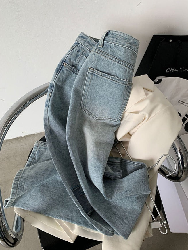 浅蓝色高腰破洞牛仔裤Ripped Straight Cut Jean