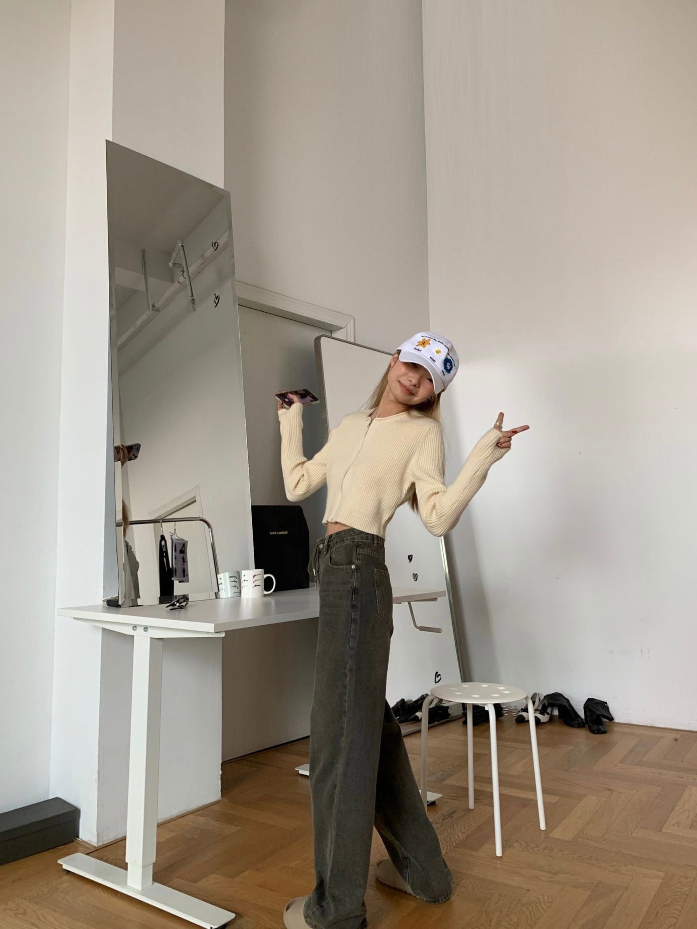 复古做旧抽绳牛仔裤Drawstring High Waist Jean