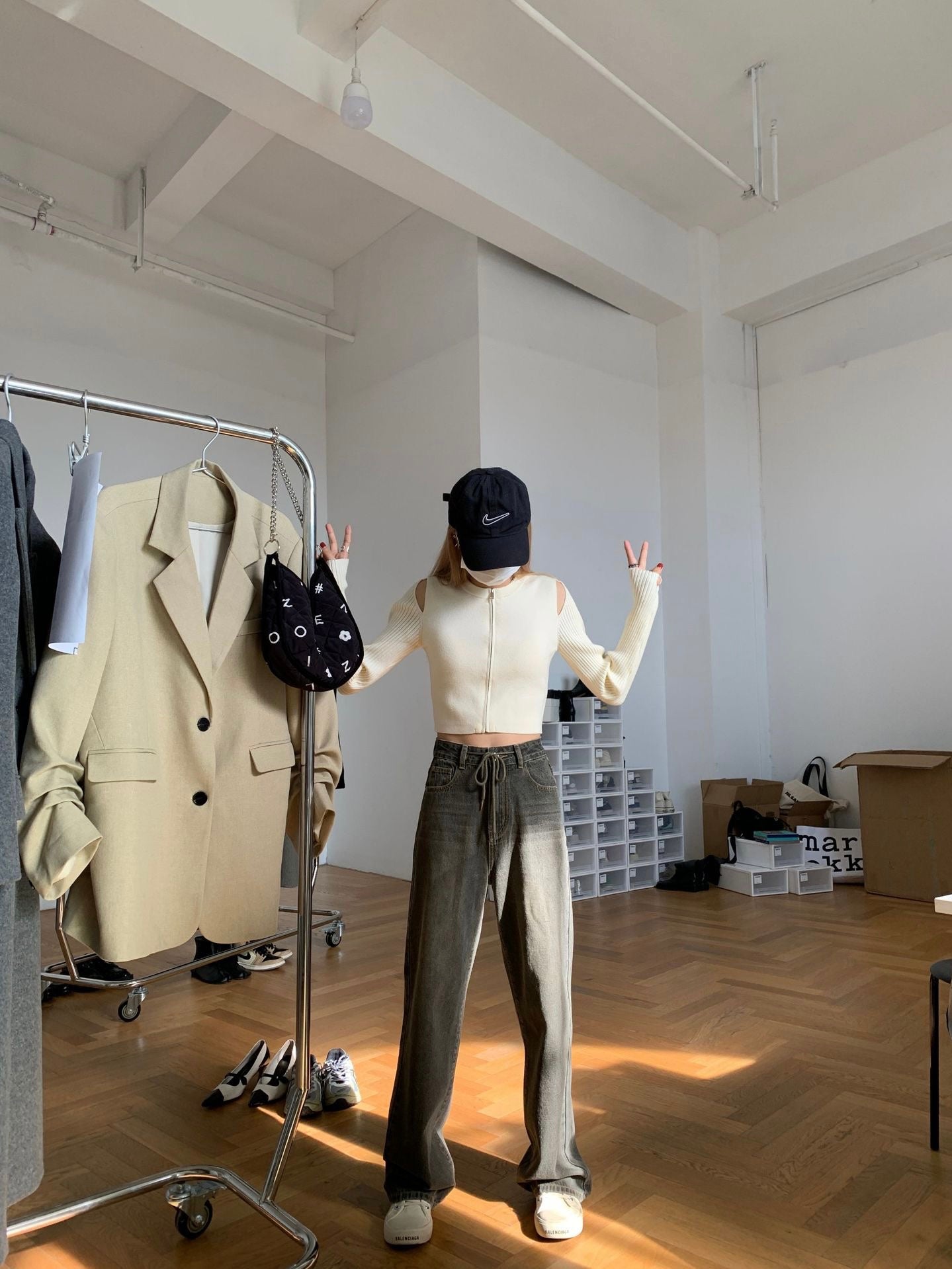 复古做旧抽绳牛仔裤Drawstring High Waist Jean