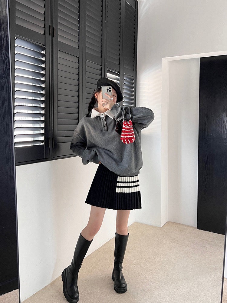 灰色学院风加绒卫衣Grey Collared Sweater with Fleece