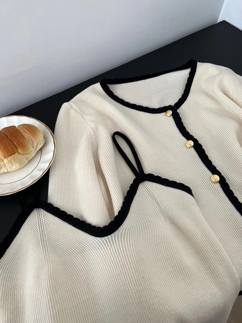 小香风开衫两件套Satin-trimmed Metallic Kint Cardigan and Suspender Top