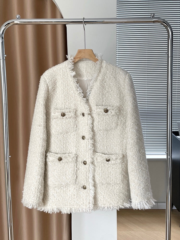 【奶油欧尼】加厚小香外套White Textured Wool Coat