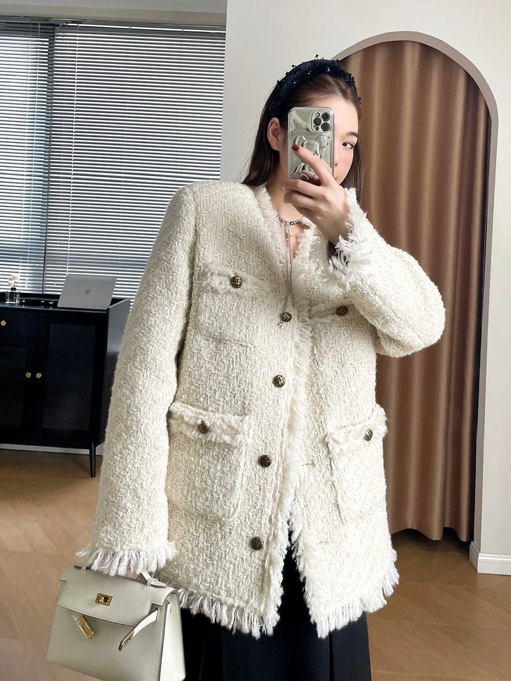 【奶油欧尼】加厚小香外套White Textured Wool Coat