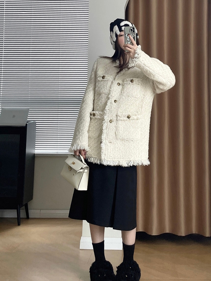 【奶油欧尼】加厚小香外套White Textured Wool Coat