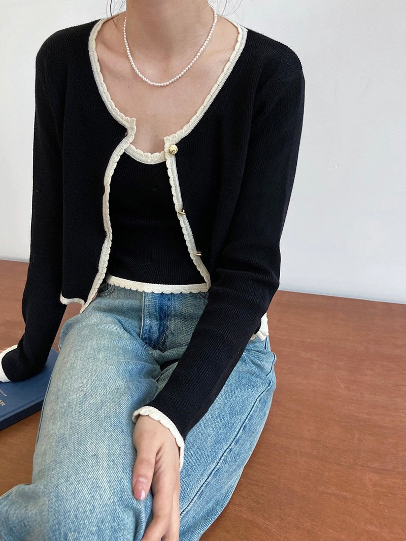 小香风开衫两件套Satin-trimmed Metallic Kint Cardigan and Suspender Top