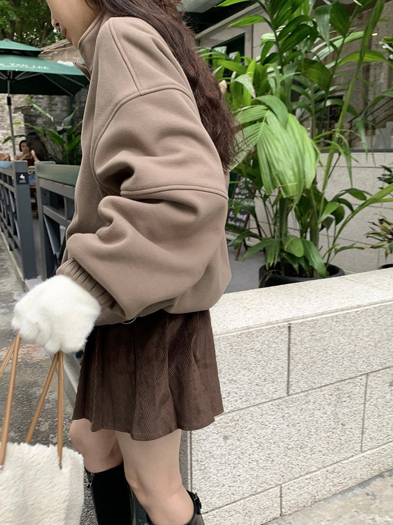 棕色加绒拉链大外套Zipper Pocket Jumper