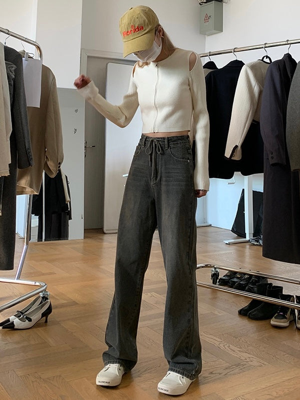 复古做旧抽绳牛仔裤Drawstring High Waist Jean