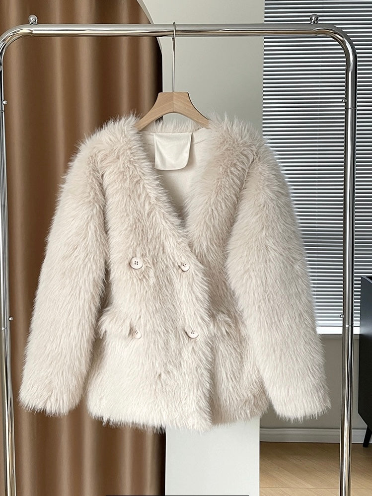 时髦精V领皮草Faux Fur Coat