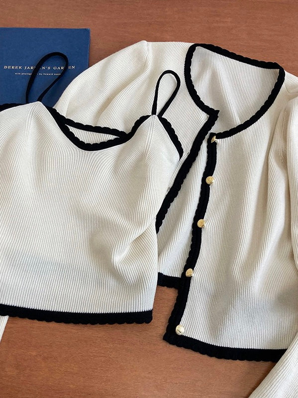 小香风开衫两件套Satin-trimmed Metallic Kint Cardigan and Suspender Top