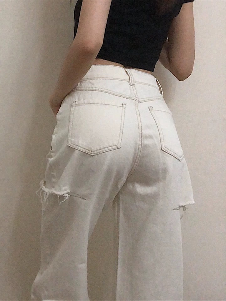马吉拉风侧边开叉牛仔裤White High Rise Straight Cut Jean with Rips