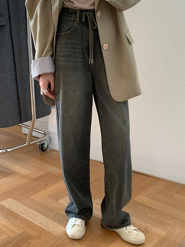 复古做旧抽绳牛仔裤Drawstring High Waist Jean