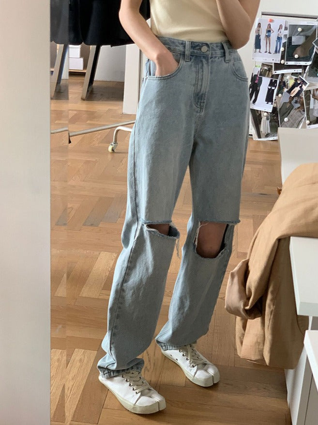 浅蓝色高腰破洞牛仔裤Ripped Straight Cut Jean