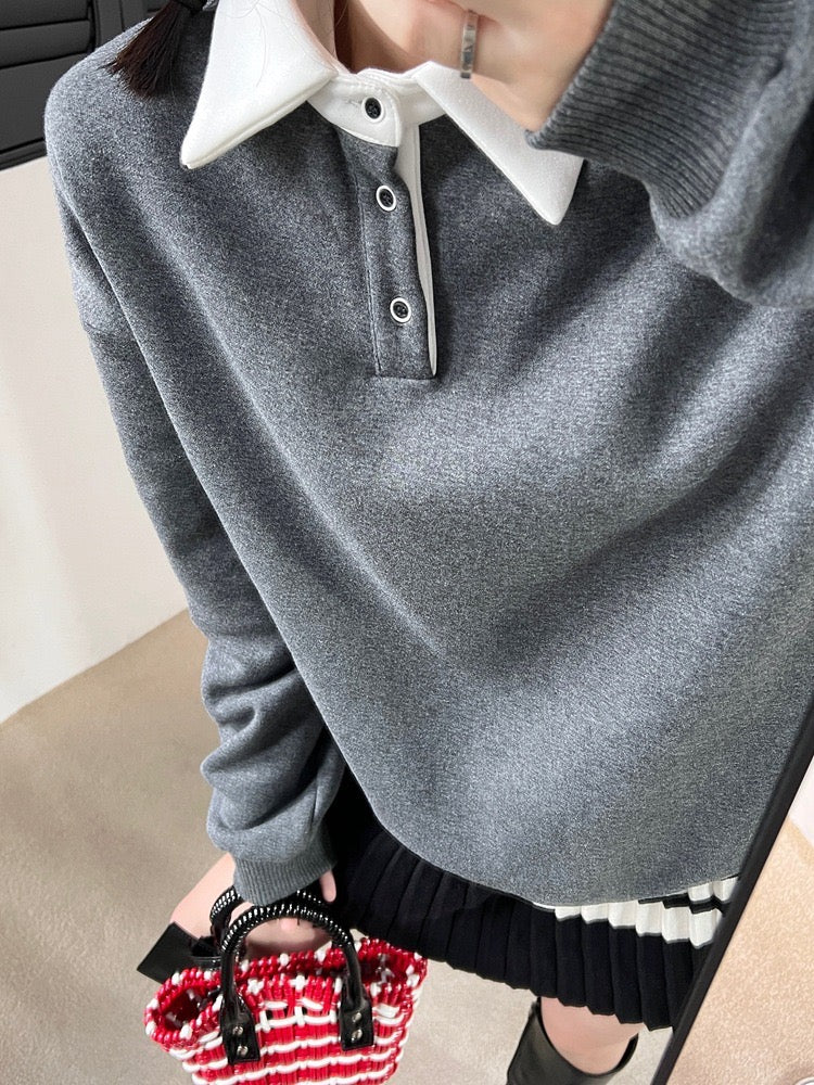 灰色学院风加绒卫衣Grey Collared Sweater with Fleece