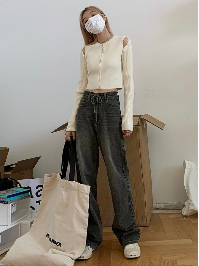 复古做旧抽绳牛仔裤Drawstring High Waist Jean