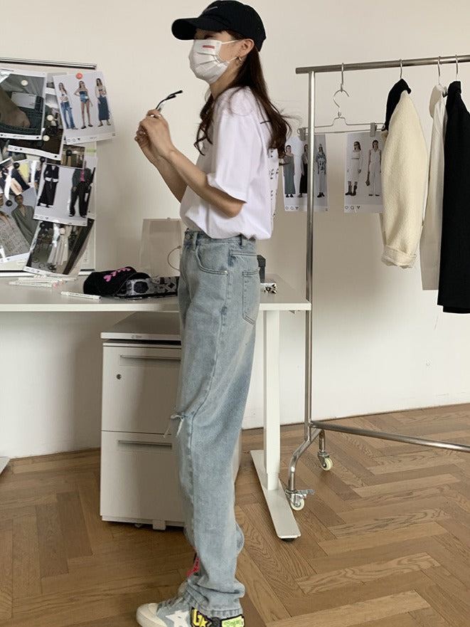 浅蓝色高腰破洞牛仔裤Ripped Straight Cut Jean