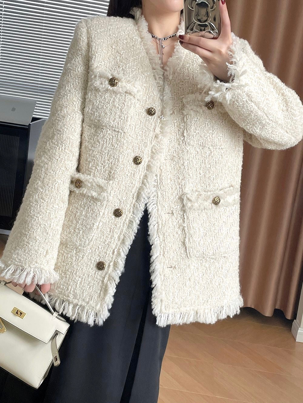 【奶油欧尼】加厚小香外套White Textured Wool Coat