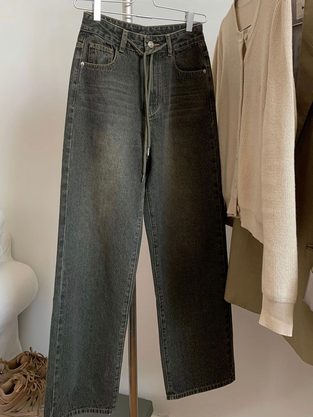 复古做旧抽绳牛仔裤Drawstring High Waist Jean