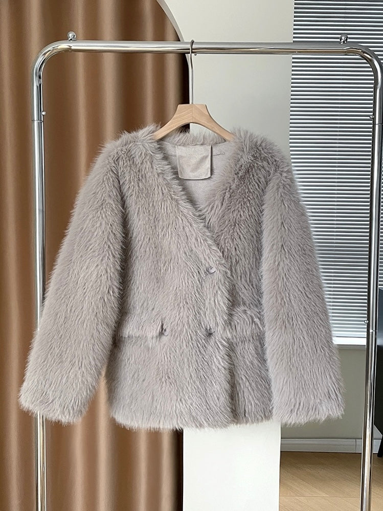 时髦精V领皮草Faux Fur Coat