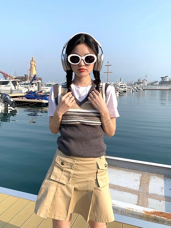 美式美少女条纹背心Vintage Strip V Neck Vest