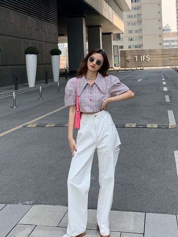 马吉拉风侧边开叉牛仔裤White High Rise Straight Cut Jean with Rips
